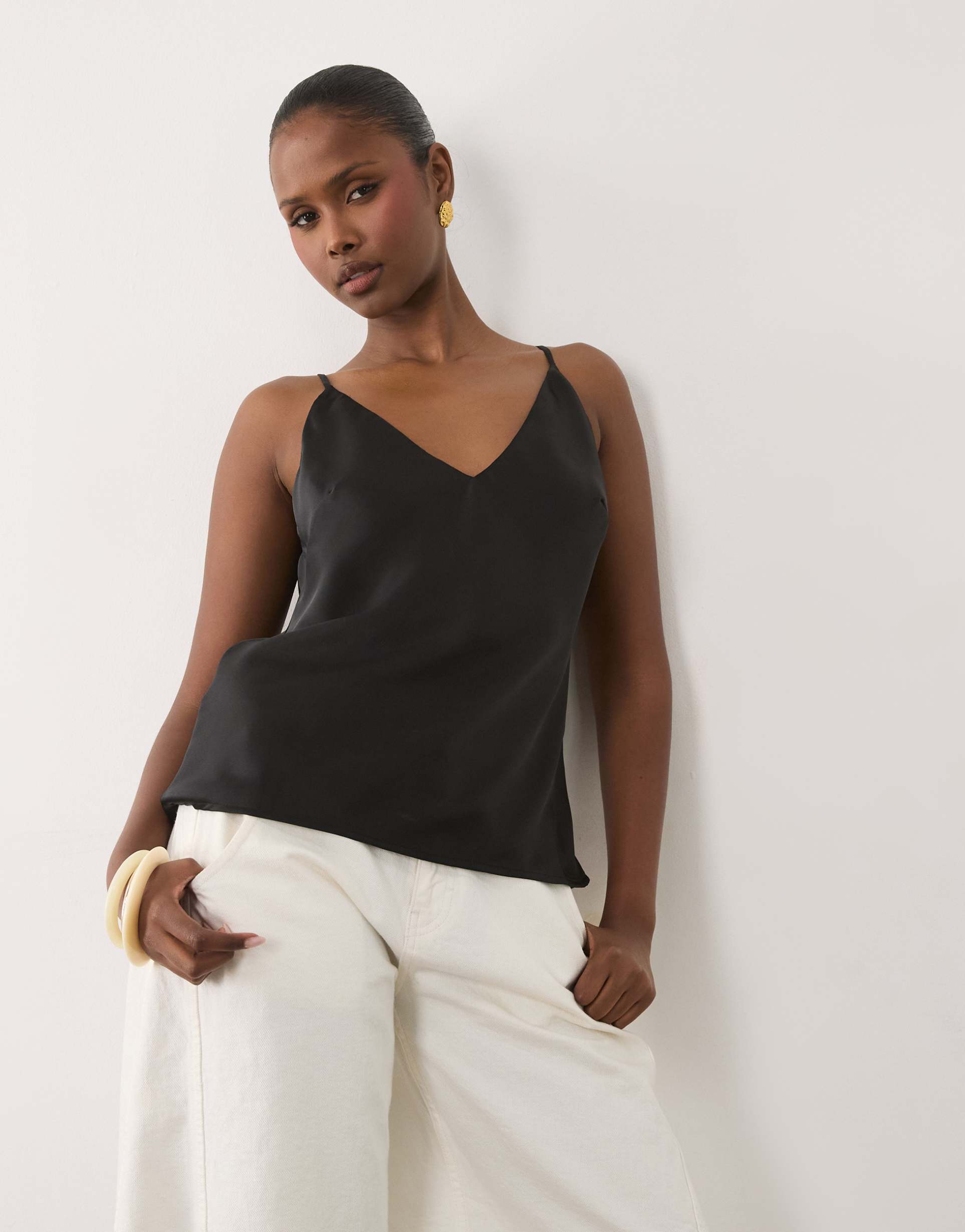 asos design v neck satin cami in black