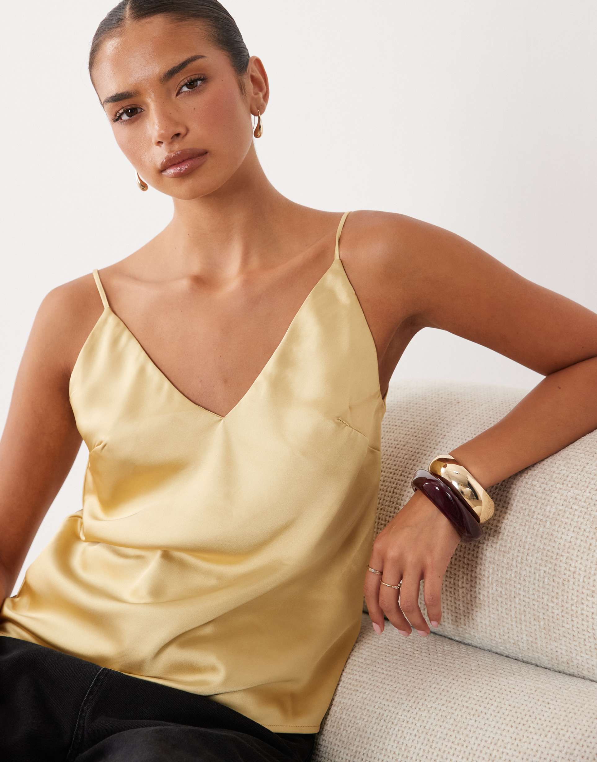 asos design v-neck satin cami top in gold