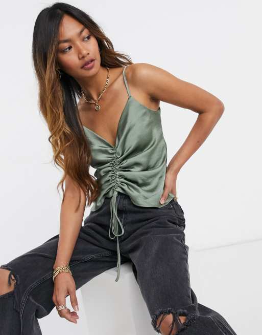 ASOS DESIGN v neck satin cami top with ruched front in sage