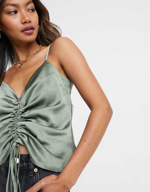 Green Satin V Neck Cami Top