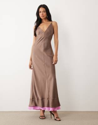 Asos Design V-neck Satin Double Layer Maxi Dress In Brown