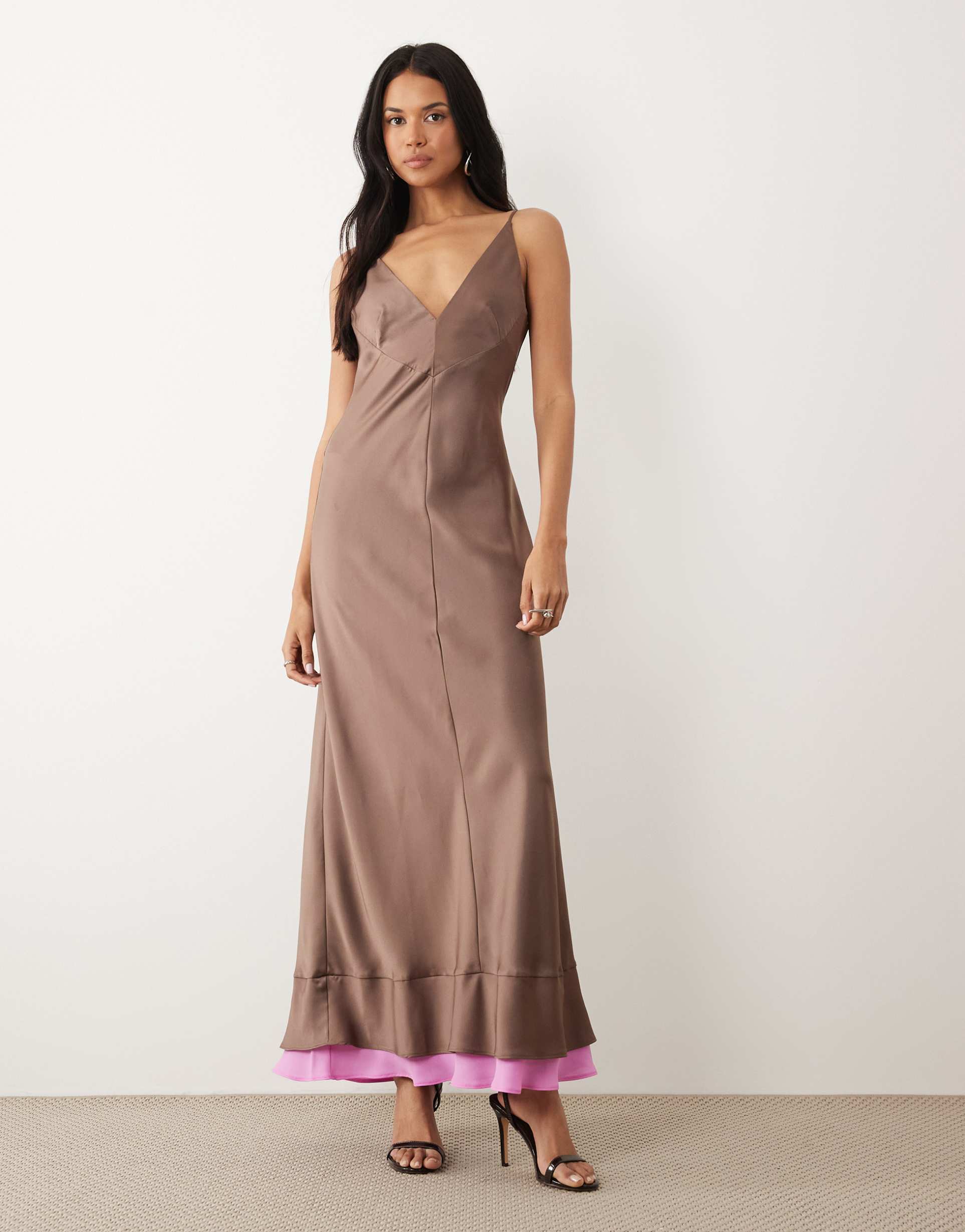 asos design v-neck satin double layer maxi dress in mocha and pink
