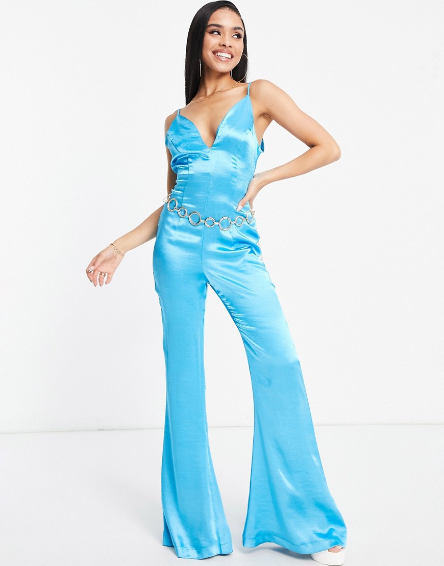 ASOS DESIGN V neck satin jumpsuit with chain belt in turquoise-Blue