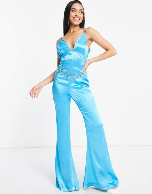 ASOS DESIGN metallic cupped kick flare jumpsuit in blue, ASOS