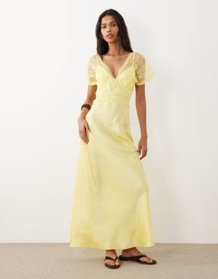 Asos Design V Neck Satin Maxi Dress With Lace Detail In Animal Print