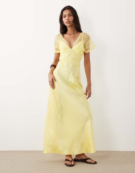ASOS DESIGN v neck satin maxi dress with lace detail in soft yellow