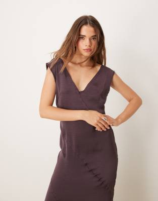 Shop Asos Design V-neck Satin Midi Dress With Raw Seaming In Purple