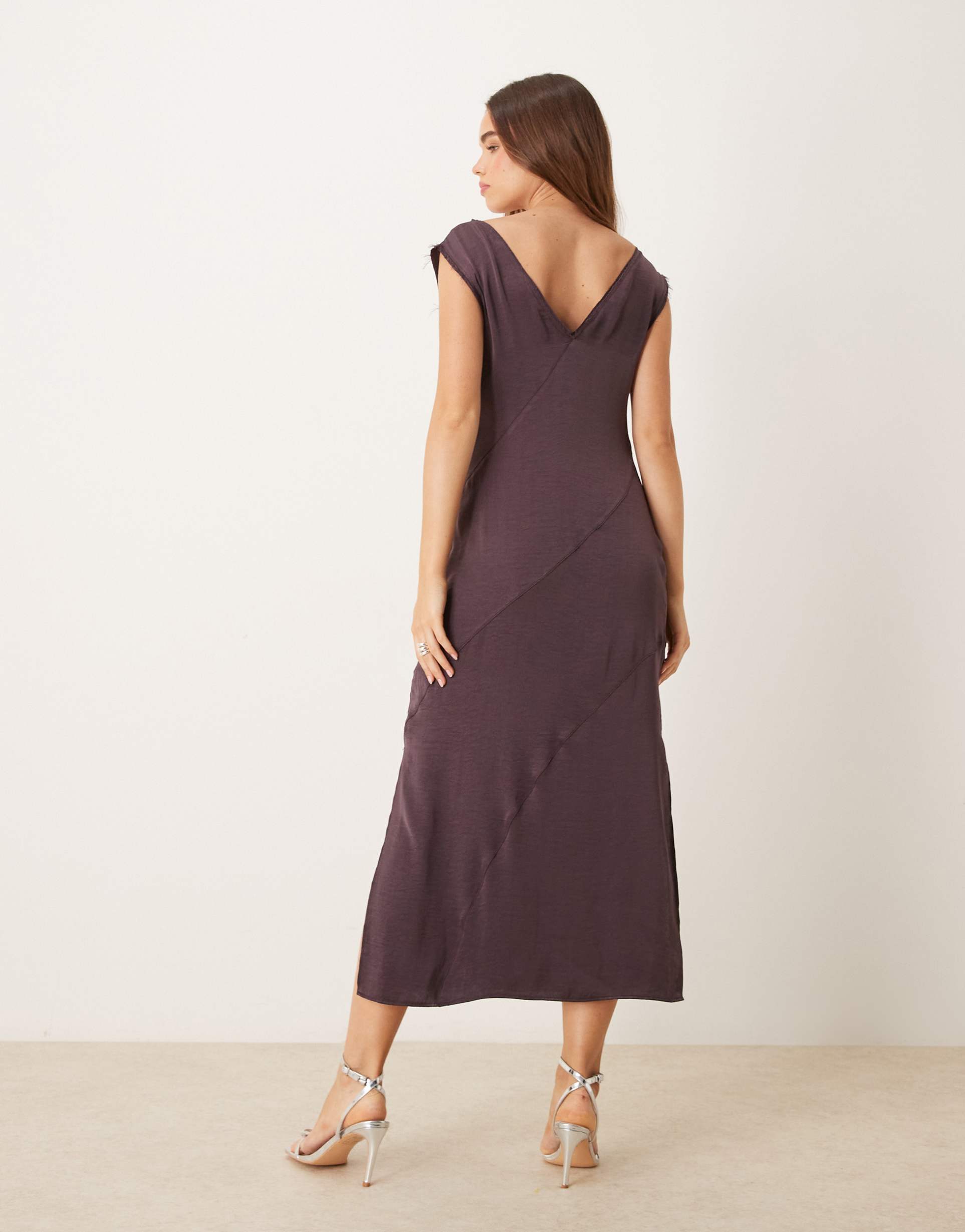 asos design v-neck satin midi dress with raw seaming in mauve