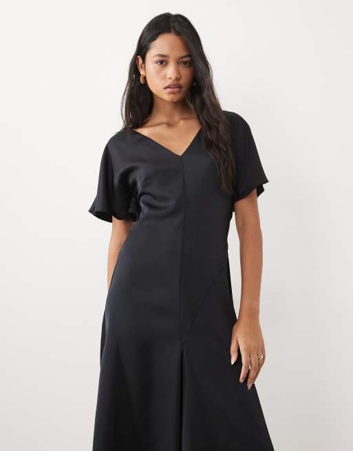 ASOS DESIGN v neck satin midi tea dress in black, 2 of 4