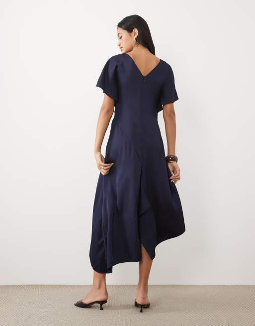 ASOS DESIGN v neck satin midi tea dress in navy, 4 of 4