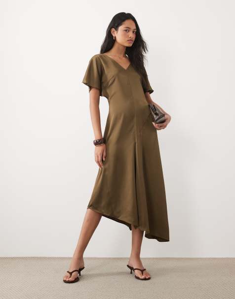 ASOS DESIGN v neck satin midi tea dress in olive - view 1