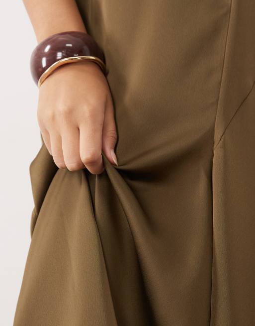 ASOS DESIGN v neck satin midi tea dress in olive, 4 of 4