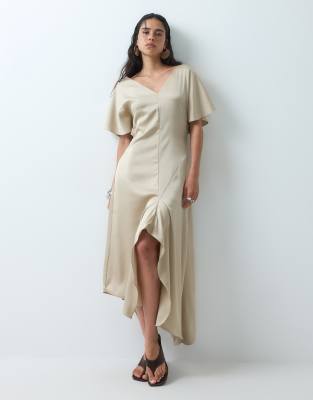 Asos Design V Neck Satin Midi Tea Dress In Grey