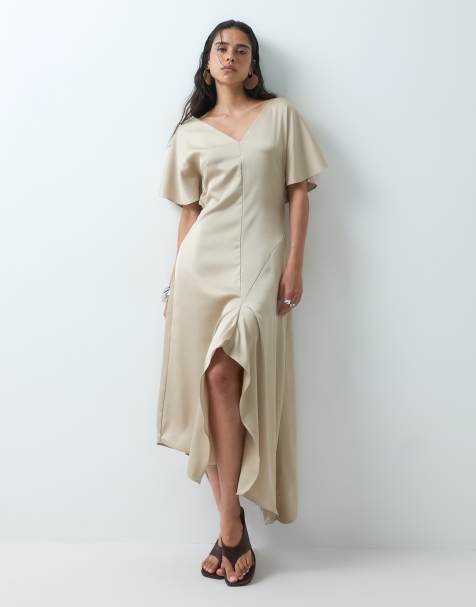 ASOS DESIGN v neck satin midi tea dress in stone - view 1
