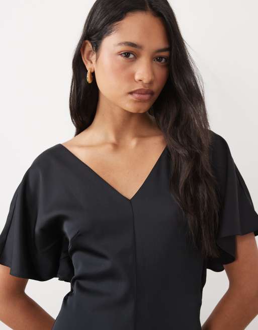 ASOS DESIGN v neck satin midi tea dress with asymmetric hem in black, 3 of 4
