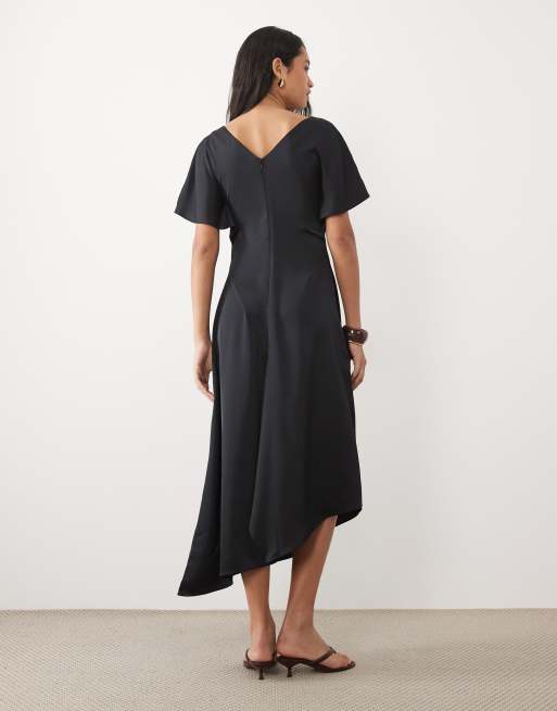 ASOS DESIGN v neck satin midi tea dress with asymmetric hem in black, 4 of 4