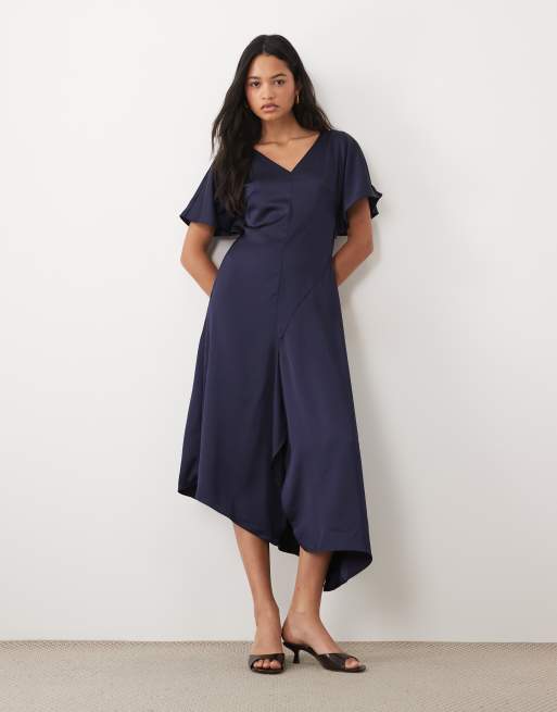 ASOS DESIGN v neck satin midi tea dress with asymmetric hem in navy, 2 of 4