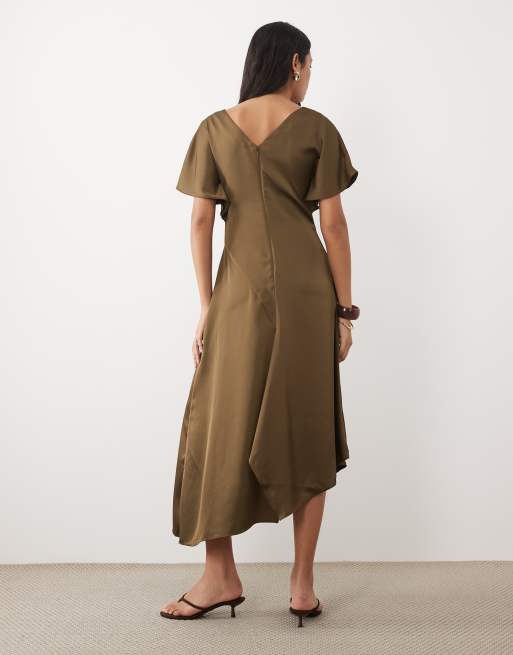 ASOS DESIGN v neck satin midi tea dress with asymmetric hem in olive, 3 of 4