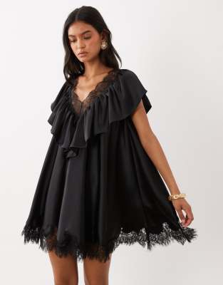Asos Design V Neck Satin Ruffle Mini Dress With Lace Trim In Black