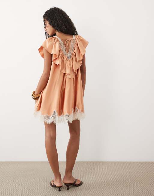 ASOS DESIGN v neck satin ruffle mini dress with lace trim in peach, 2 of 4