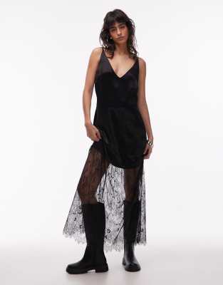 Asos Design V Neck Satin Slip Maxi Dress With Lace Skirt In Black