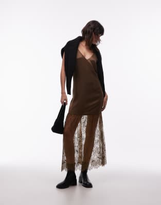 Asos Design V Neck Satin Slip Maxi Dress With Lace Skirt In Brown