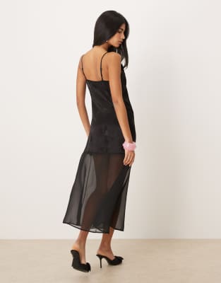 Asos Design V Neck Satin Slip Maxi Dress With Sheer Skirt-multi In Black