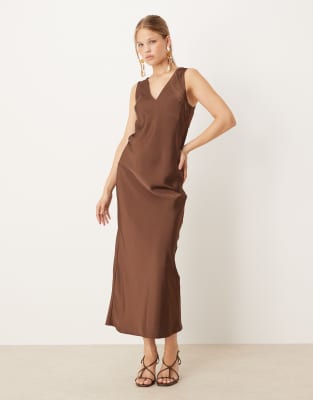 Asos Design V-neck Satin Slip Midi Dress In Gold
