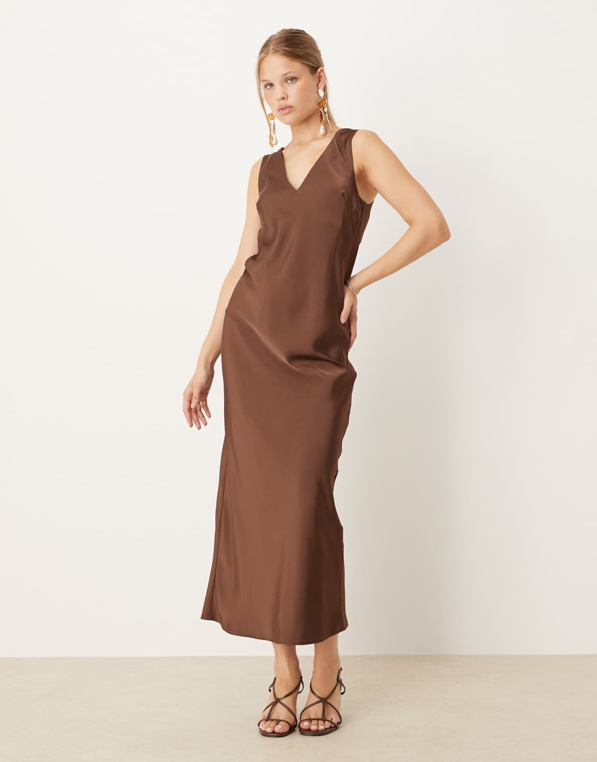 ASOS DESIGN v-neck satin slip midi dress in chocolate