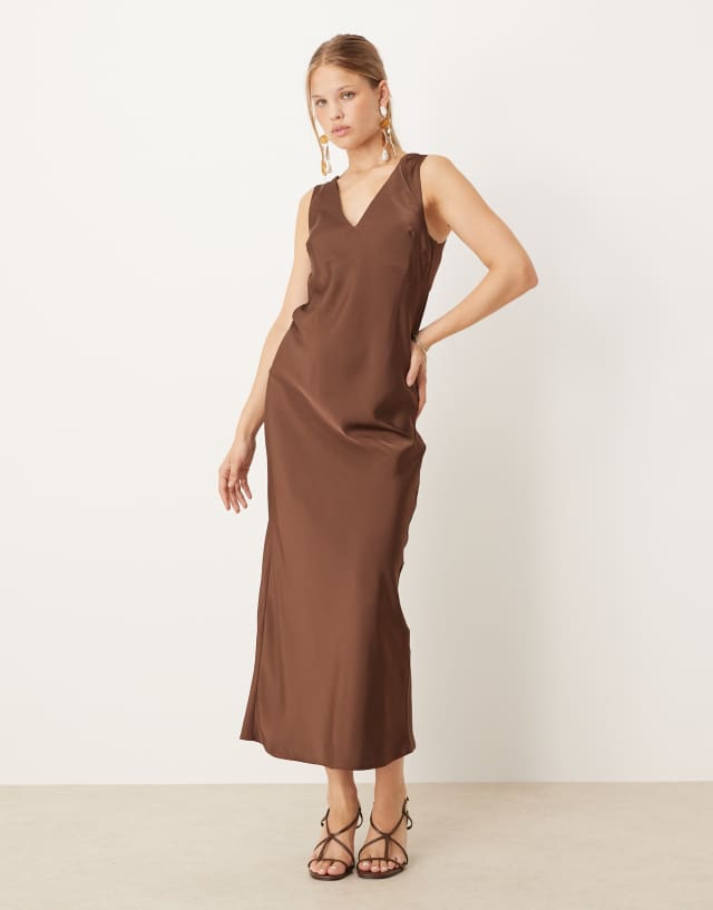brown slip midi dress ASOS Design V-Neck Satin in chocolate-Brown oh polly The ASOS DESIGN v Sherri Hill 55922 76-142 MATERIAL:Linen