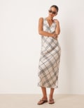 [ASOS DESIGN] ASOS DESIGN v-neck satin slip midi dress in white and black check-Multi 12 check