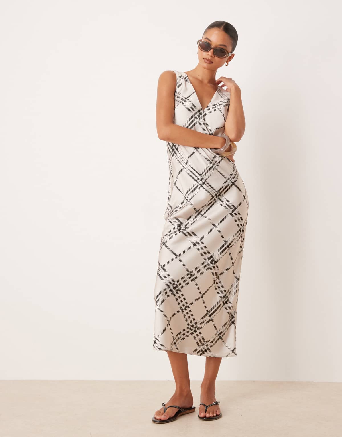 ASOS DESIGN v-neck satin slip midi dress in white and black check