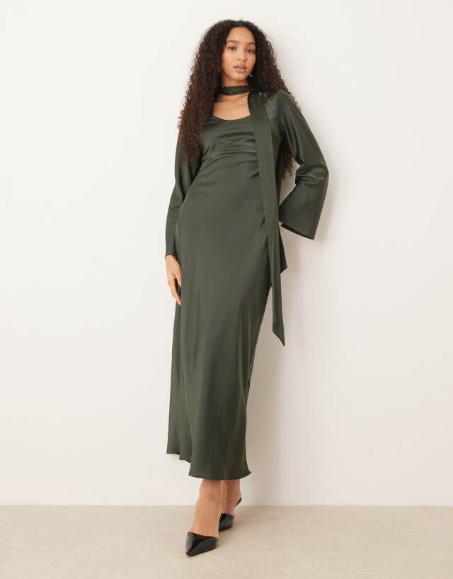 dark green long sleeve maxi dress ASOS DESIGN v neck scarf detail in Bridesmaid dress Size:B Short Ocassion Long Sleeves Evening Dresses and festive occasions