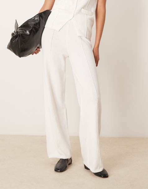 ASOS DESIGN v neck seam detail waistcoat & knitted wide leg pants set in white - view 1