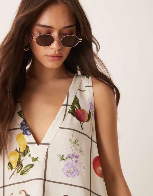 ASOS DESIGN V-neck shift mini dress in fruit print