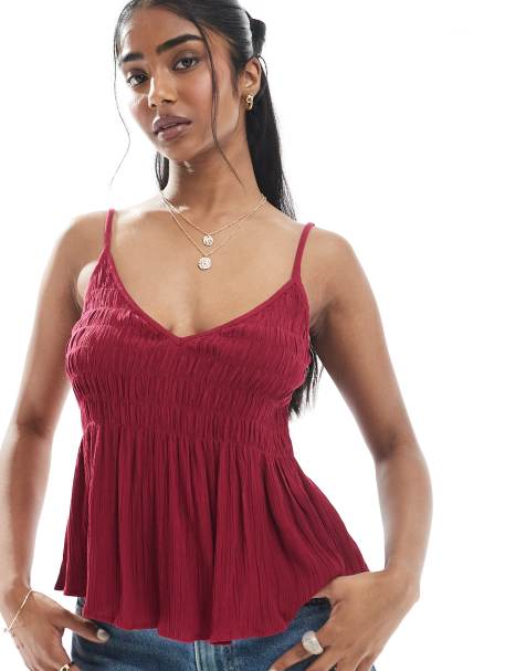 ASOS DESIGN V neck shirred cami in burgundy - view 1