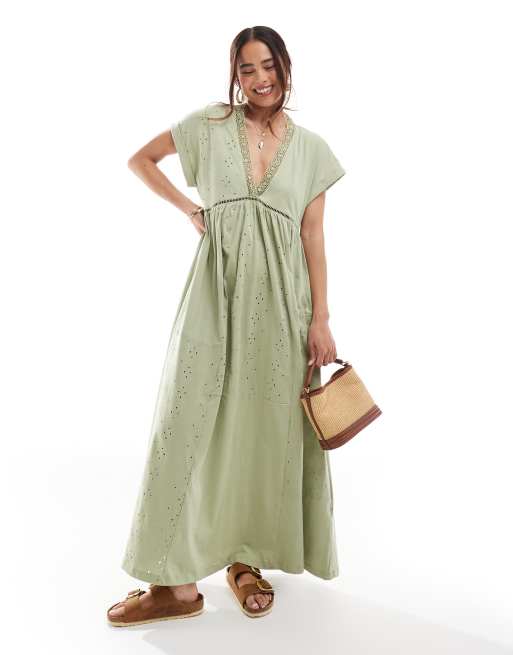 ASOS DESIGN v neck short sleeve midi dress with broderie in green | ASOS