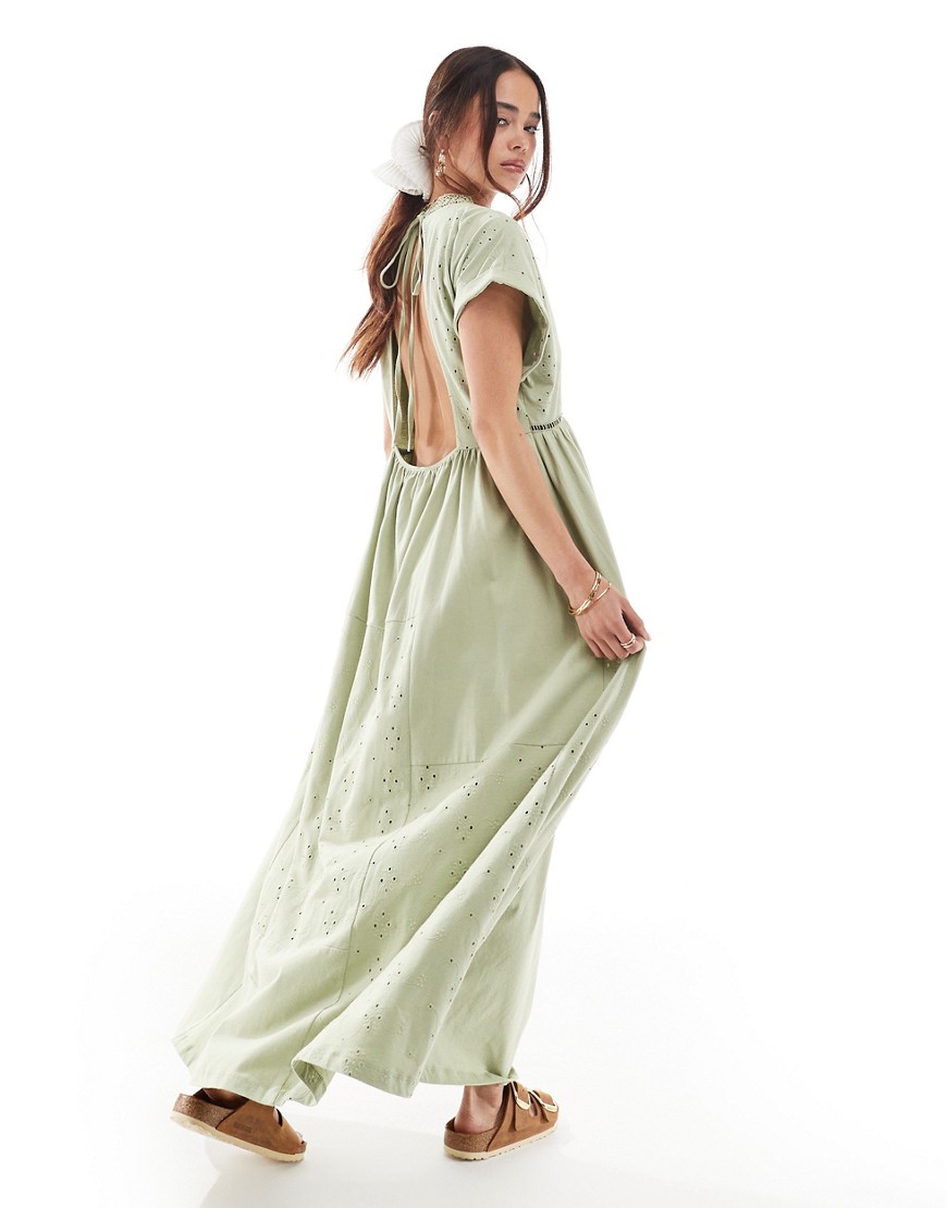 Asos Design V Neck Short Sleeve Midi Dress With Eyelet In Green