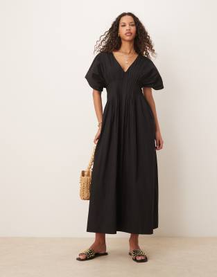 Asos Design V-neck Short Sleeve Midi Dress With Narrow Pintucks In Black