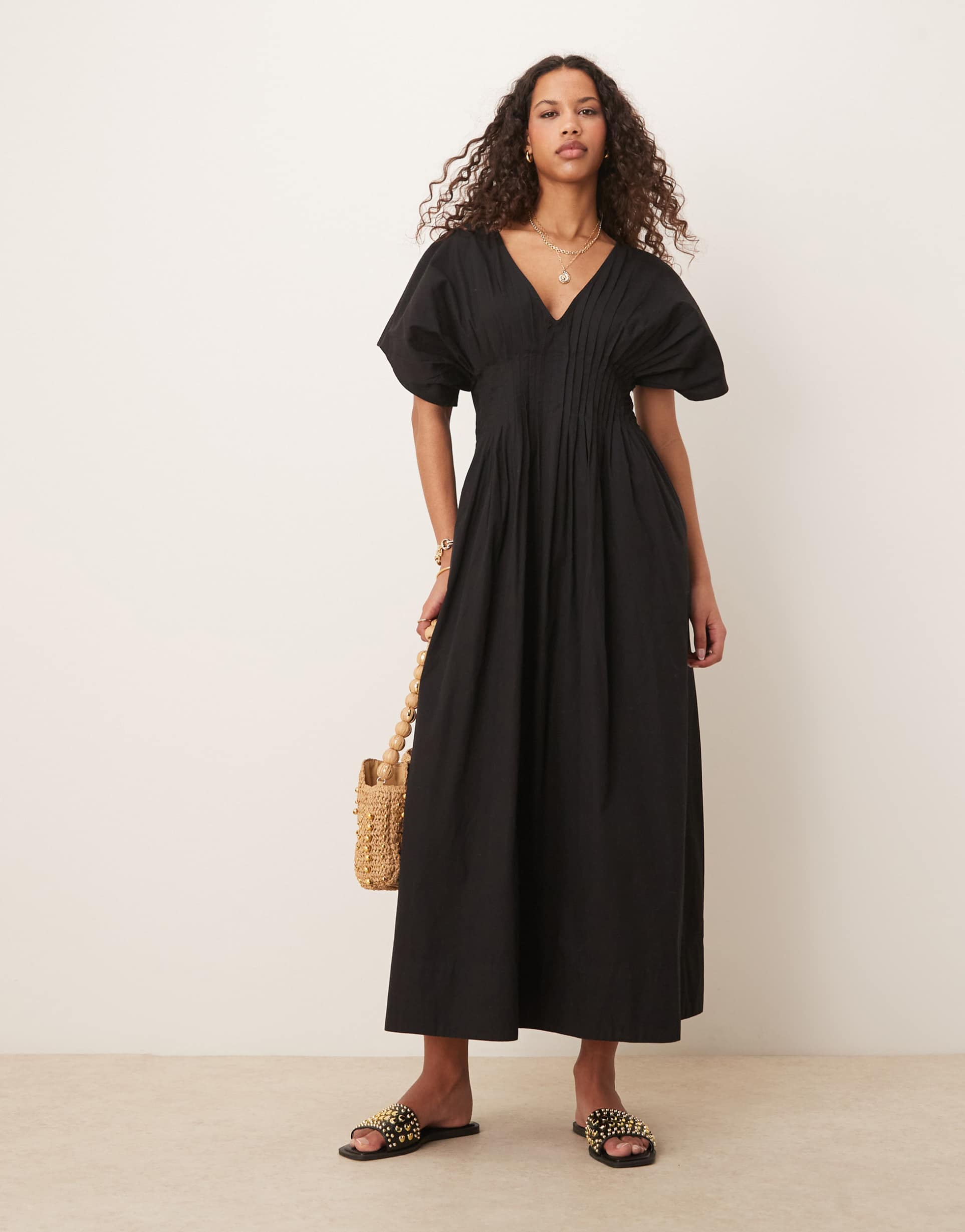 asos design v-neck short sleeve midi dress with narrow pintucks in black