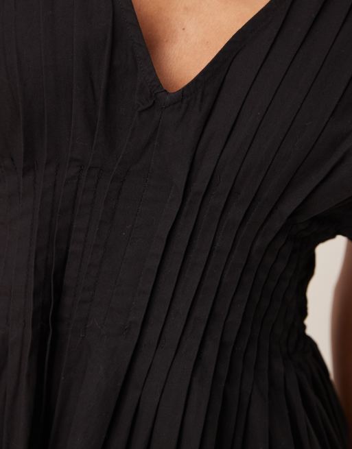 ASOS DESIGN V-neck short sleeve midi dress with narrow pintucks in black