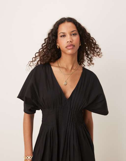 ASOS DESIGN V-neck short sleeve midi dress with narrow pintucks in black