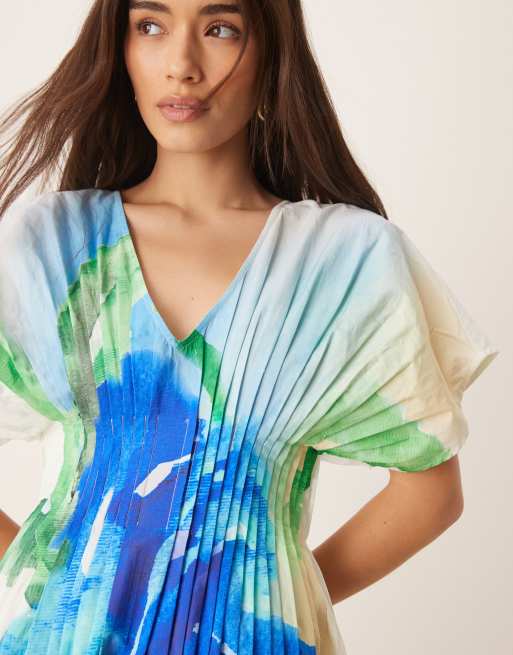 ASOS DESIGN v neck short sleeve midi dress with narrow pintucks in blue rose print