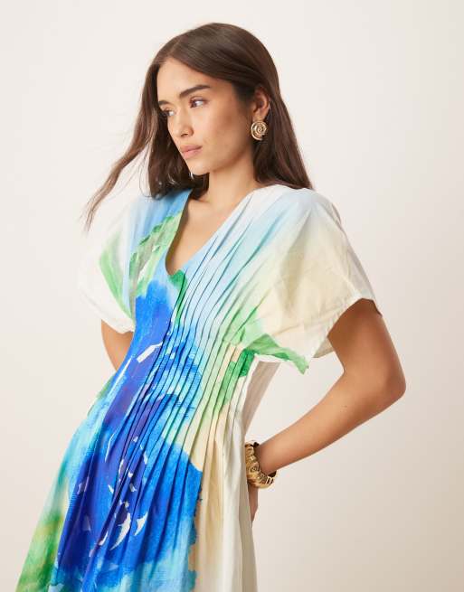 ASOS DESIGN v neck short sleeve midi dress with narrow pintucks in blue rose print