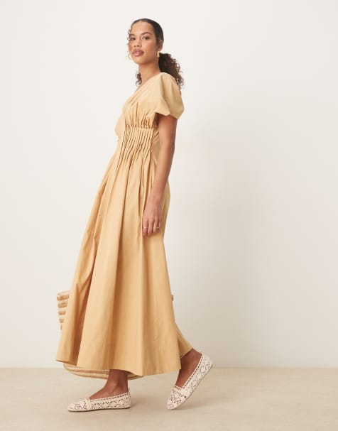 ASOS DESIGN v neck short sleeve midi dress with narrow pintucks in stone - view 1