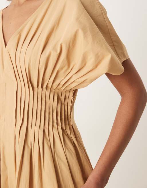 ASOS DESIGN v neck short sleeve midi dress with narrow pintucks in stone