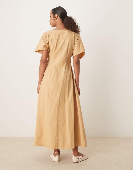 ASOS DESIGN v neck short sleeve midi dress with narrow pintucks in stone