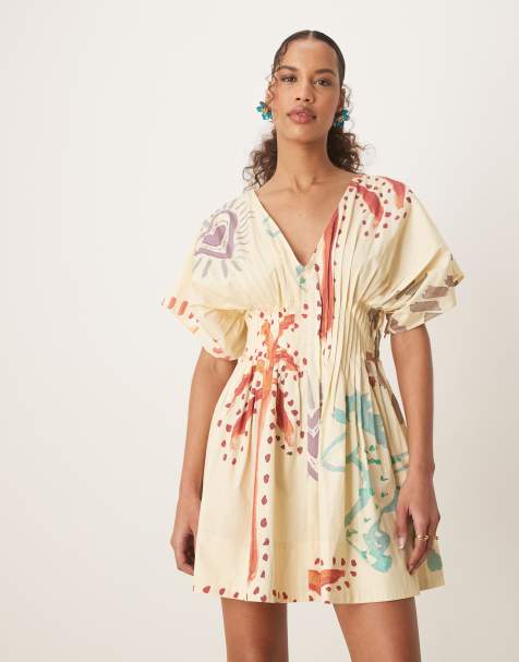 ASOS DESIGN v neck short sleeve mini dress with narrow pintucks in abstract print - view 1