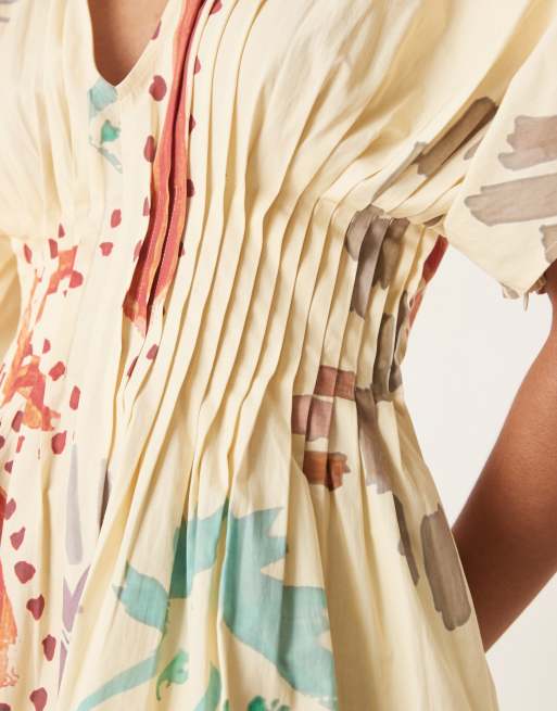 ASOS DESIGN v neck short sleeve mini dress with narrow pintucks in abstract print