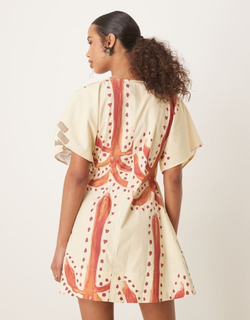 ASOS DESIGN v neck short sleeve mini dress with narrow pintucks in abstract print, 3 of 4